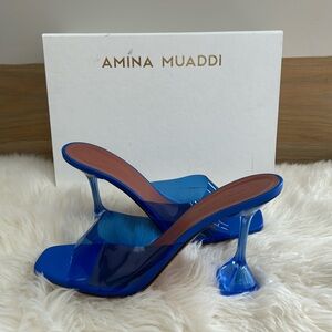 AMINA MUADDI Lupita Glass electric blue pvc material 4” heel